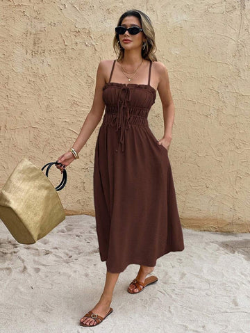 Brown tie-front midi dress with smocked waist and side pockets