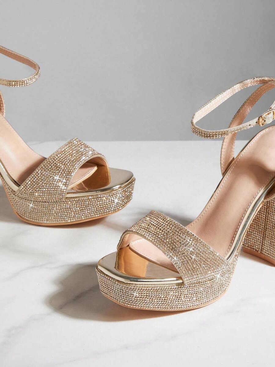 Open toe rhinestone heels with thick platform sole