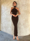 Front view of dark brown black bodycon maxi dress with sleeveless high collar