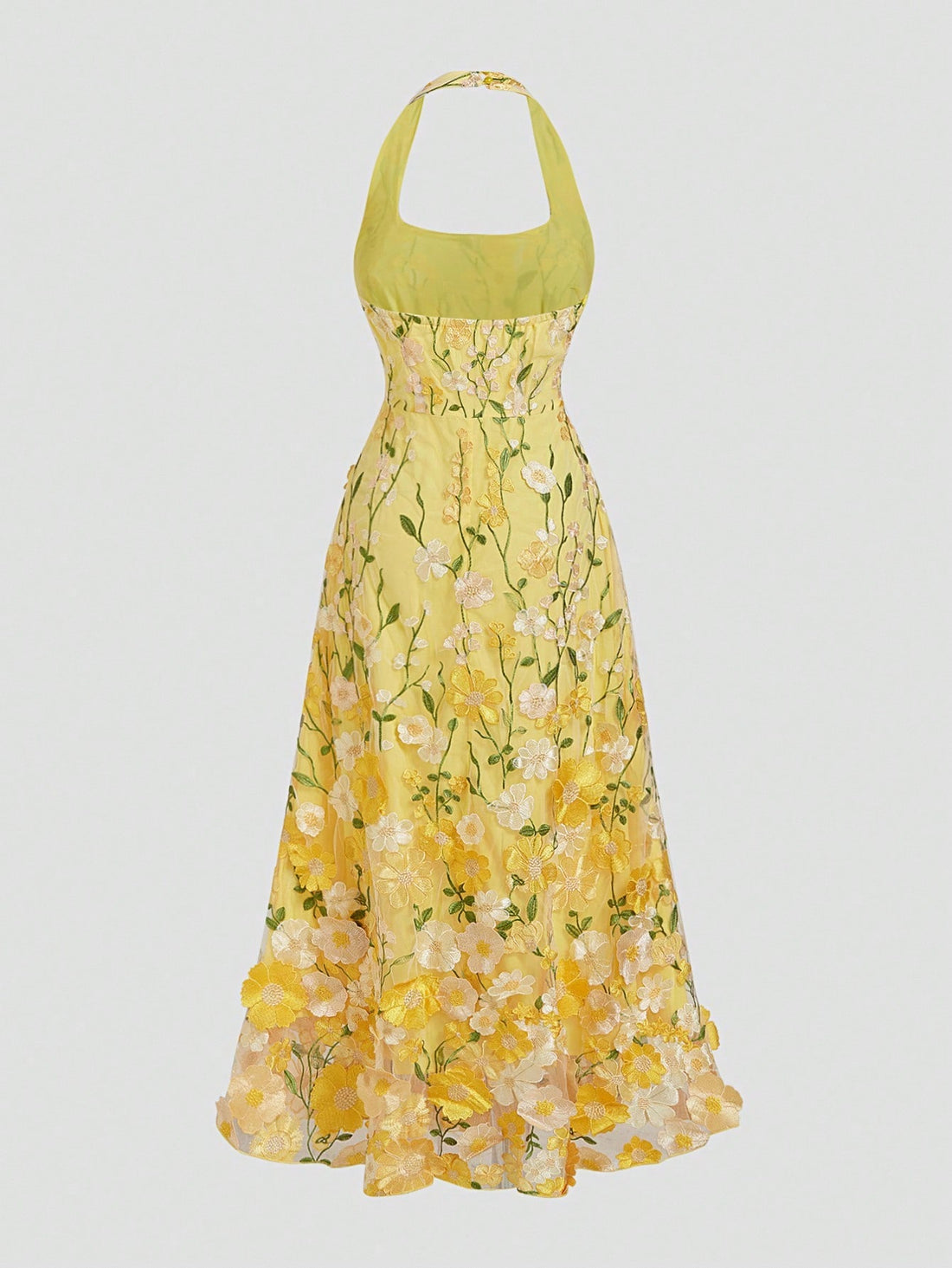 Brighten your day with this Lemon Yellow Maxi Dress! Featuring a playful mesh floral halter and a sleeveless bodycon fit that flows into an elegant A-line silhouette, it’s designed to turn heads and keep you comfy. Perfect for summer parties or a sunny stroll, this dress brings vibrant charm and effortless style to your wardrobe.