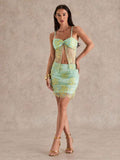 mint yellow embroidered lace two-piece set with spaghetti strap crop top, sweetheart cups, front tie keyhole, sheer mesh panels, high waist bodycon mini skirt and scalloped lace hem image 3