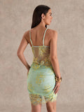 mint yellow embroidered lace two-piece set with spaghetti strap crop top, sweetheart cups, front tie keyhole, sheer mesh panels, high waist bodycon mini skirt and scalloped lace hem image 4