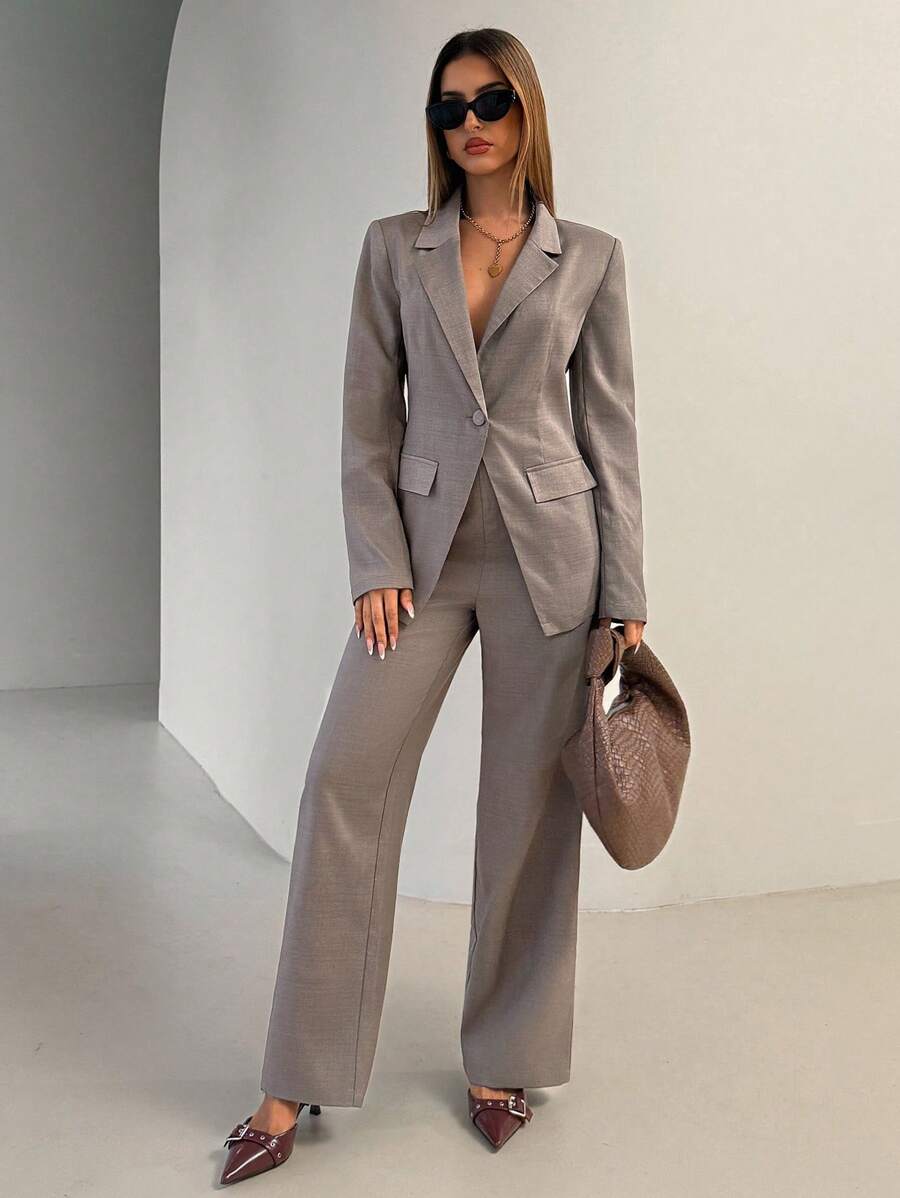 Taupe women blazer and wide-leg pants suit set with notch lapel.