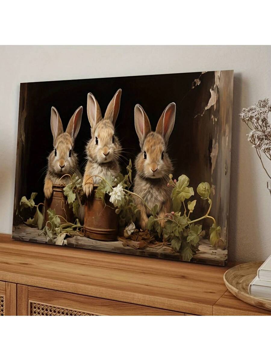 Vintage floral bunny canvas wall art with three rabbits above a rustic wood sideboard