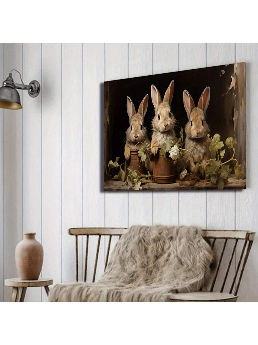 Vintage floral bunny canvas wall art with three rabbits above a rustic wood sideboard
