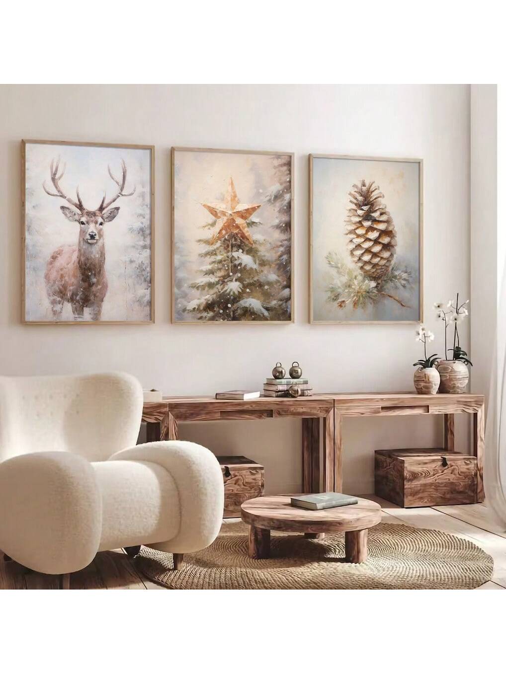 Brighten your holiday space with this Vintage Christmas Wall Art Set of 3! Featuring charming rustic designs of a tree, reindeer, and pinecone, these pieces add a cozy, festive touch to any room. Perfect for those who love a playful nod to classic holiday traditions, this set brings warmth and whimsy to your seasonal decor. Easy to hang and sure to spark smiles, these artworks make your home merry and bright in no time!