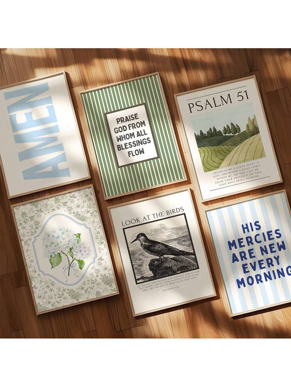 Bring uplifting vibes to your space with this 6-piece Christian wall art set! Featuring a cheerful mix of blue and green canvas prints, each piece showcases inspiring Bible verses to brighten your home and heart. Perfect for adding a splash of faith-filled color and encouragement to any room. Let these playful designs remind you daily of hope and joy in a stylish way!