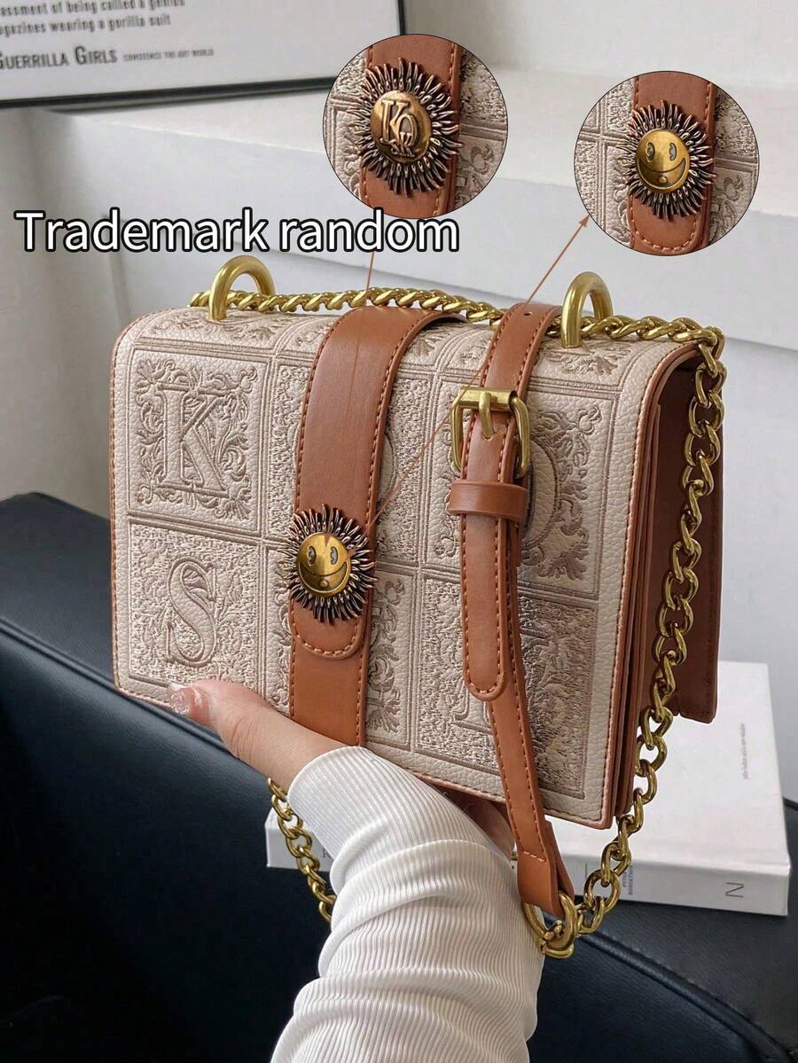 Tan trim retro square shoulder bag with structured flap body