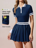 navy and white stripe polo tennis mini dress with pleated skirt built in shorts and pockets image 1