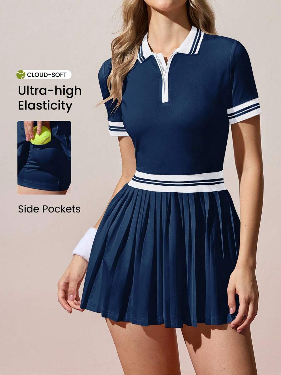 navy and white stripe polo tennis mini dress with pleated skirt built in shorts and pockets image 1