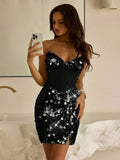 Black strapless sequin party dress with bodycon fit