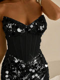 Black corset-style sequin mini dress with sweetheart neckline