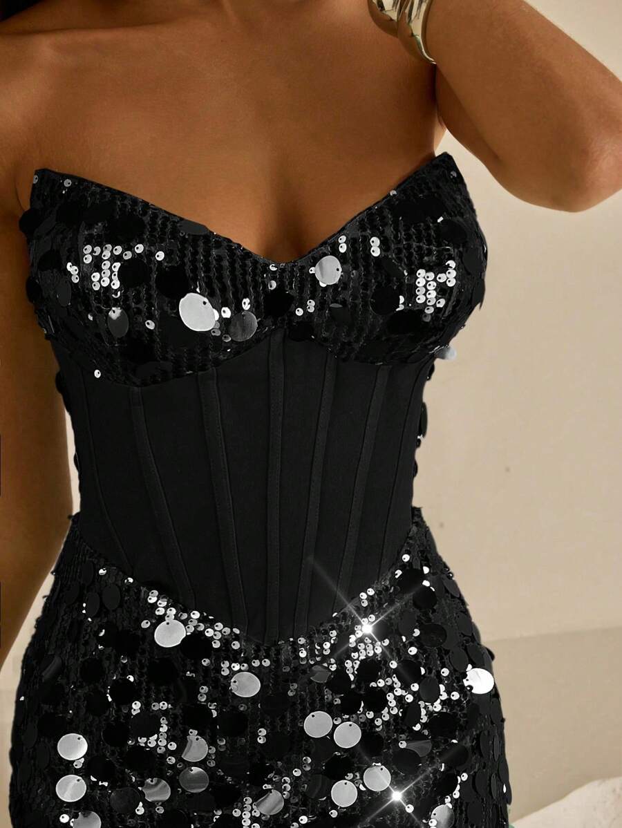 Black corset-style sequin mini dress with sweetheart neckline
