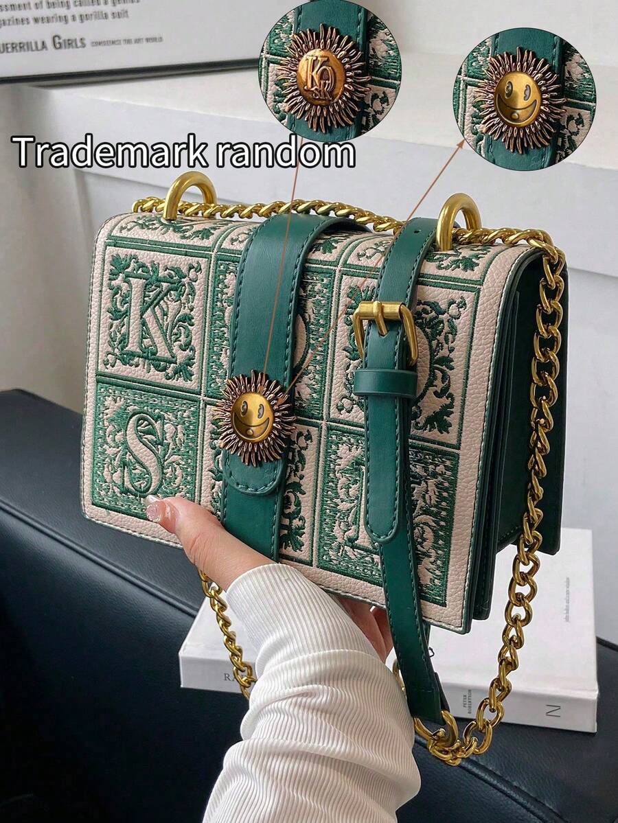 Cream and green mini retro box crossbody bag with gold chain strap and tile front