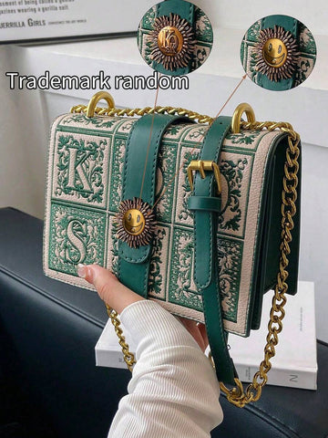 Cream and green mini retro box crossbody bag with gold chain strap and tile front