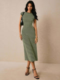 Dark green light green striped sleeveless knit midi dress front view