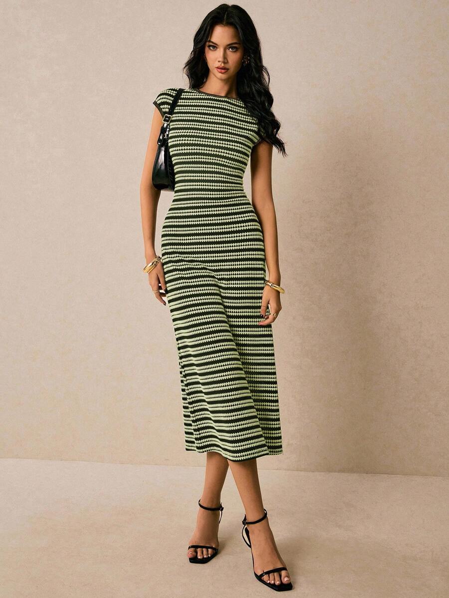 Dark green light green striped sleeveless knit midi dress front view