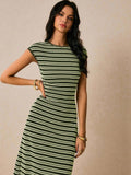 Dark green light green striped sleeveless knit dress close front