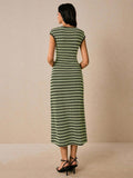 Dark green light green striped sleeveless knit dress back view