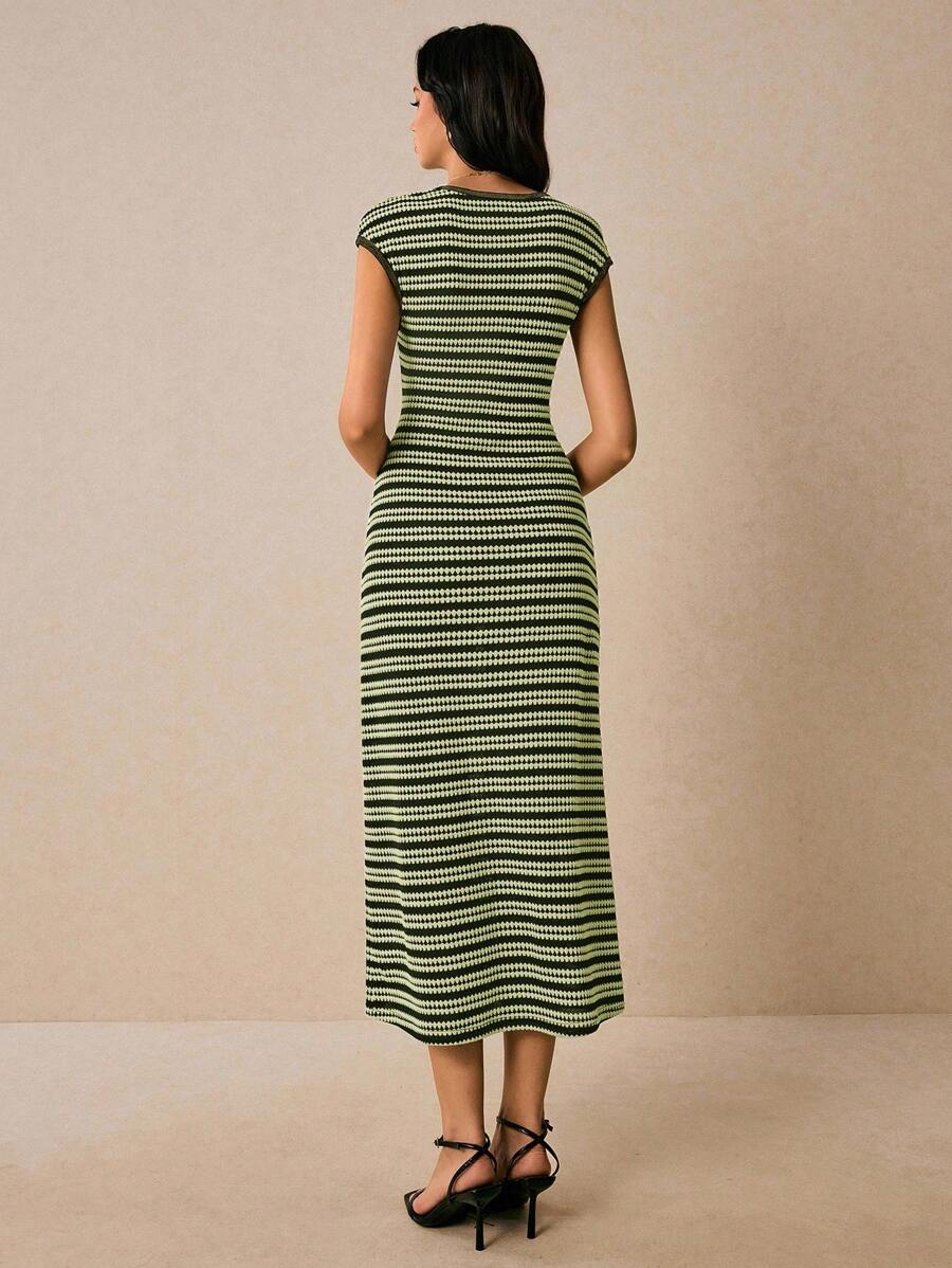 Dark green light green striped sleeveless knit dress back view