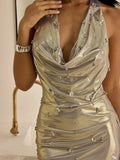 Champagne ruched mini dress with scattered rhinestone accents