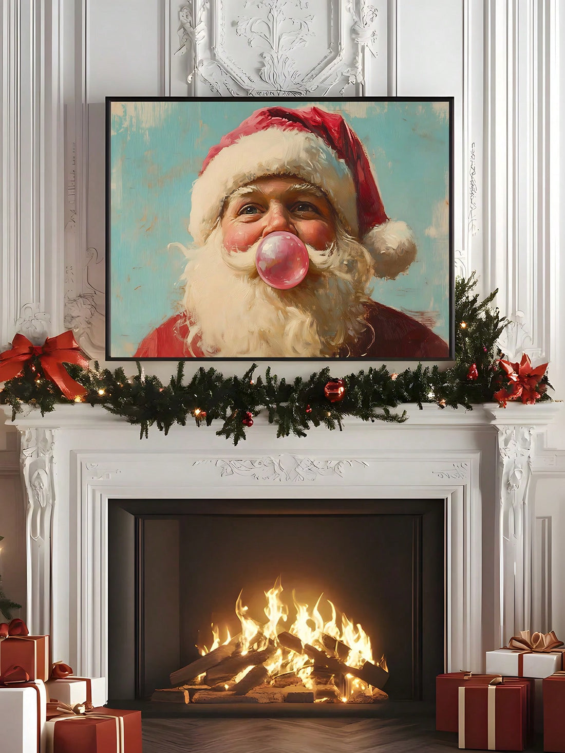 Bring a splash of festive fun to your space with this Vintage Santa Claus Bubblegum Wall Art. Featuring a whimsical pink Santa surrounded by bubblegum bubbles, it adds a joyful pop of color perfect for home or office holiday decor. Celebrate the season with a playful twist that’s sure to brighten any room and spark cheerful conversations.