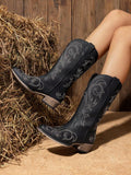 Ruched shaft view of Stylish Women's Mid-Calf Cowgirl Boots with Chunky Heel and Embroidery for Festivals and Parties for punk motorcycle boot styling