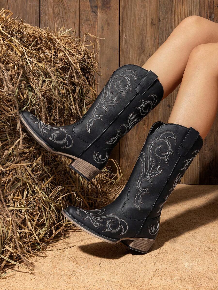 Ruched shaft view of Stylish Women's Mid-Calf Cowgirl Boots with Chunky Heel and Embroidery for Festivals and Parties for punk motorcycle boot styling