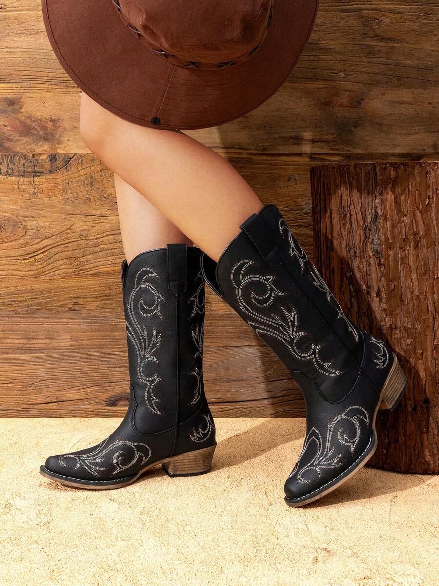 Slip-on view of Stylish Women's Mid-Calf Cowgirl Boots with Chunky Heel and Embroidery for Festivals and Parties for punk motorcycle boot styling