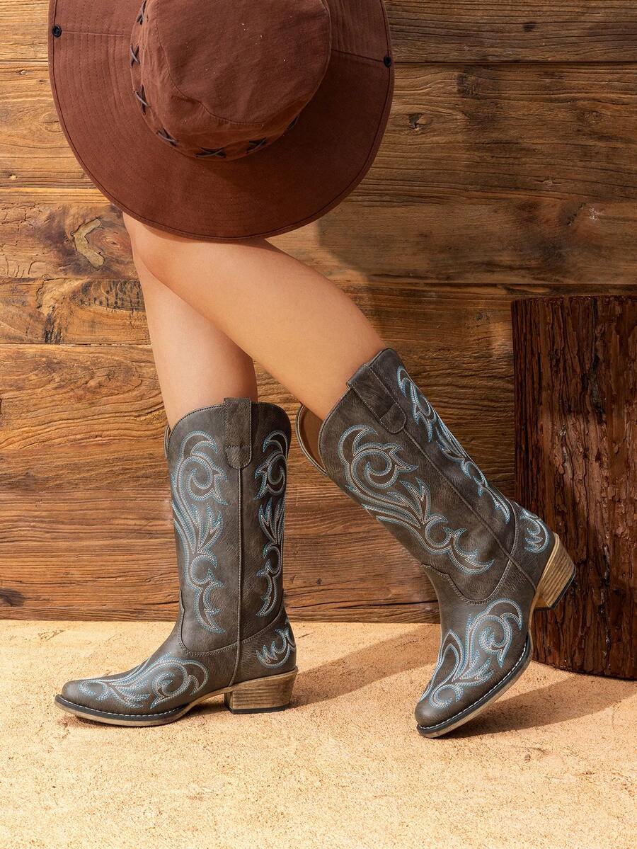 Slip-on view of Stylish Women's Mid-Calf Cowgirl Boots with Chunky Heel and Embroidery for Festivals and Parties for punk motorcycle boot styling