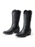 Front view of Stylish Women's Mid-Calf Cowgirl Boots with Chunky Heel and Embroidery for Festivals and Parties for punk motorcycle boot styling