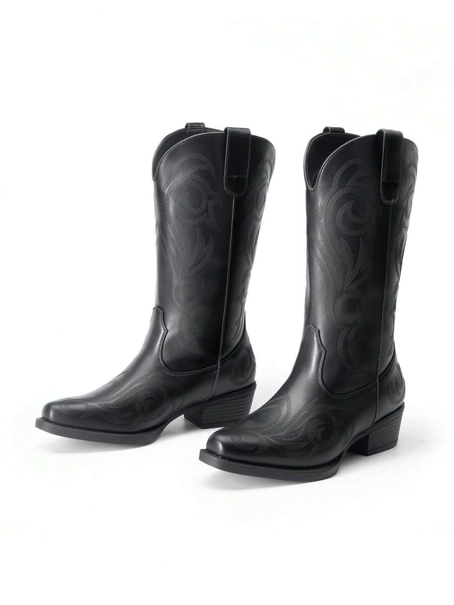 Front view of Stylish Women's Mid-Calf Cowgirl Boots with Chunky Heel and Embroidery for Festivals and Parties for punk motorcycle boot styling
