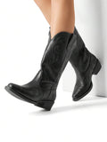 Side view of Stylish Women's Mid-Calf Cowgirl Boots with Chunky Heel and Embroidery for Festivals and Parties for punk motorcycle boot styling