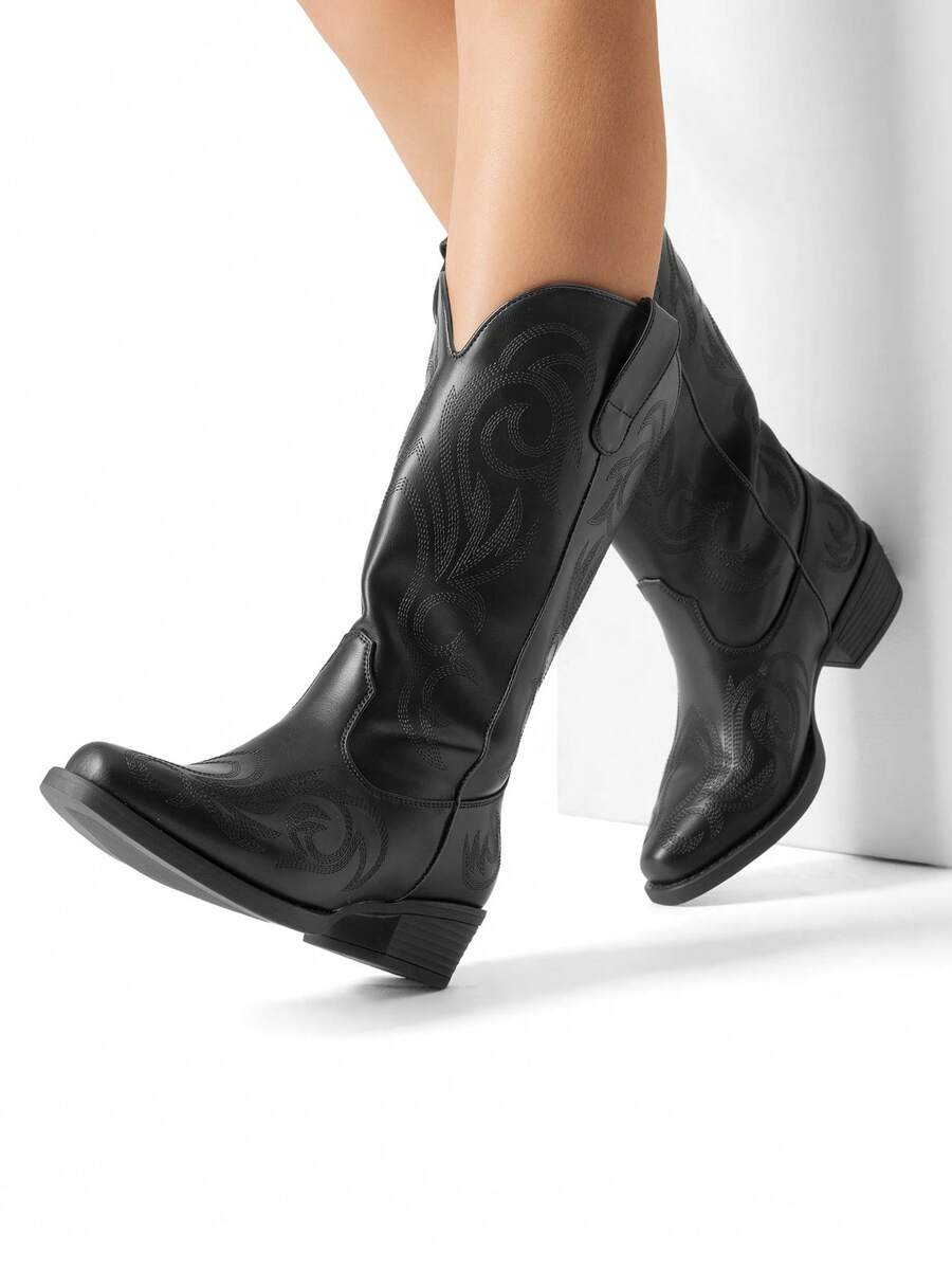 Side view of Stylish Women's Mid-Calf Cowgirl Boots with Chunky Heel and Embroidery for Festivals and Parties for punk motorcycle boot styling