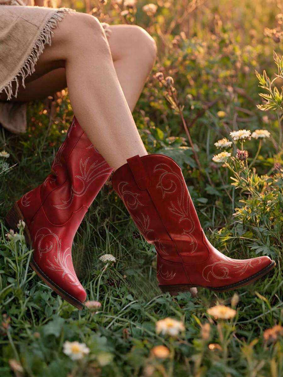 Heel view of Stylish Women's Mid-Calf Cowgirl Boots with Chunky Heel and Embroidery for Festivals and Parties for punk motorcycle boot styling