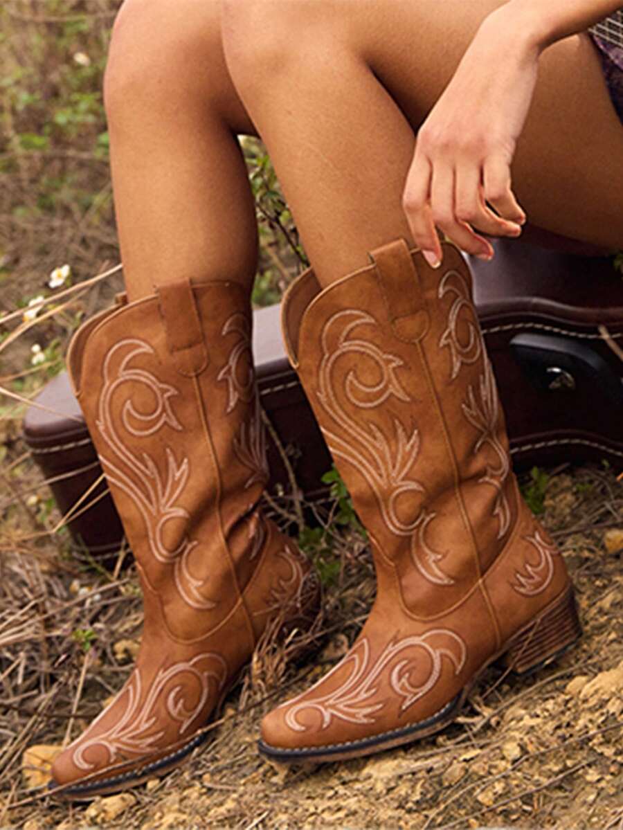 Slip-on view of Stylish Women's Mid-Calf Cowgirl Boots with Chunky Heel and Embroidery for Festivals and Parties for punk motorcycle boot styling