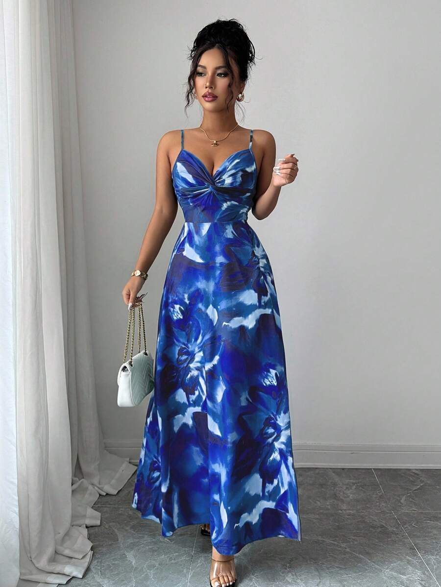 Cobalt blue floral satin maxi dress with twist V-neck and thigh slit