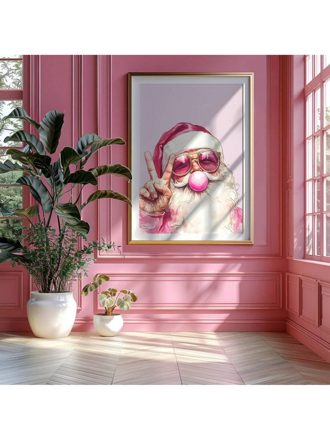 Bring vintage holiday charm to any space with this delightful pink Santa wall art! Perfect for adding a whimsical, festive touch to bedrooms, dorms, or living areas, this frameless piece captures the nostalgic magic of classic Christmas aesthetics. The soft pink palette offers a modern twist on traditional holiday decor, making it ideal for anyone who loves retro vibes with a contemporary flair. Easy to display and instantly eye-catching, it's the perfect way to spread seasonal cheer year-round or create th