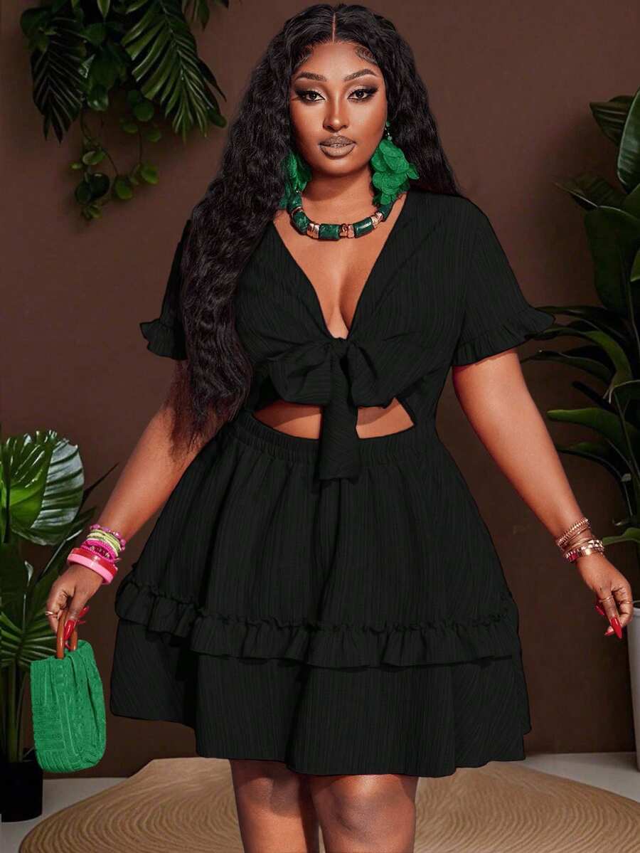 Close-up view of plus size fuchsia ruffle mini dress - casual & romantic two-piece set for vacations with mini dress silhouette, plus size fit for summer casual wear
