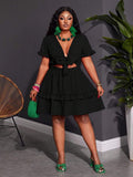 Close-up view of plus size fuchsia ruffle mini dress - casual & romantic two-piece set for vacations with mini dress silhouette, plus size fit for summer casual wear