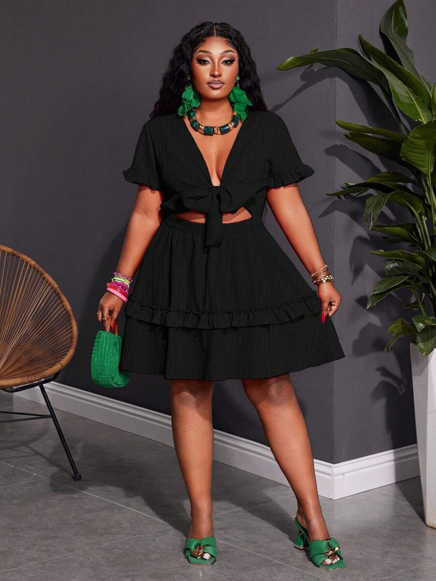 Close-up view of plus size fuchsia ruffle mini dress - casual & romantic two-piece set for vacations with mini dress silhouette, plus size fit for summer casual wear