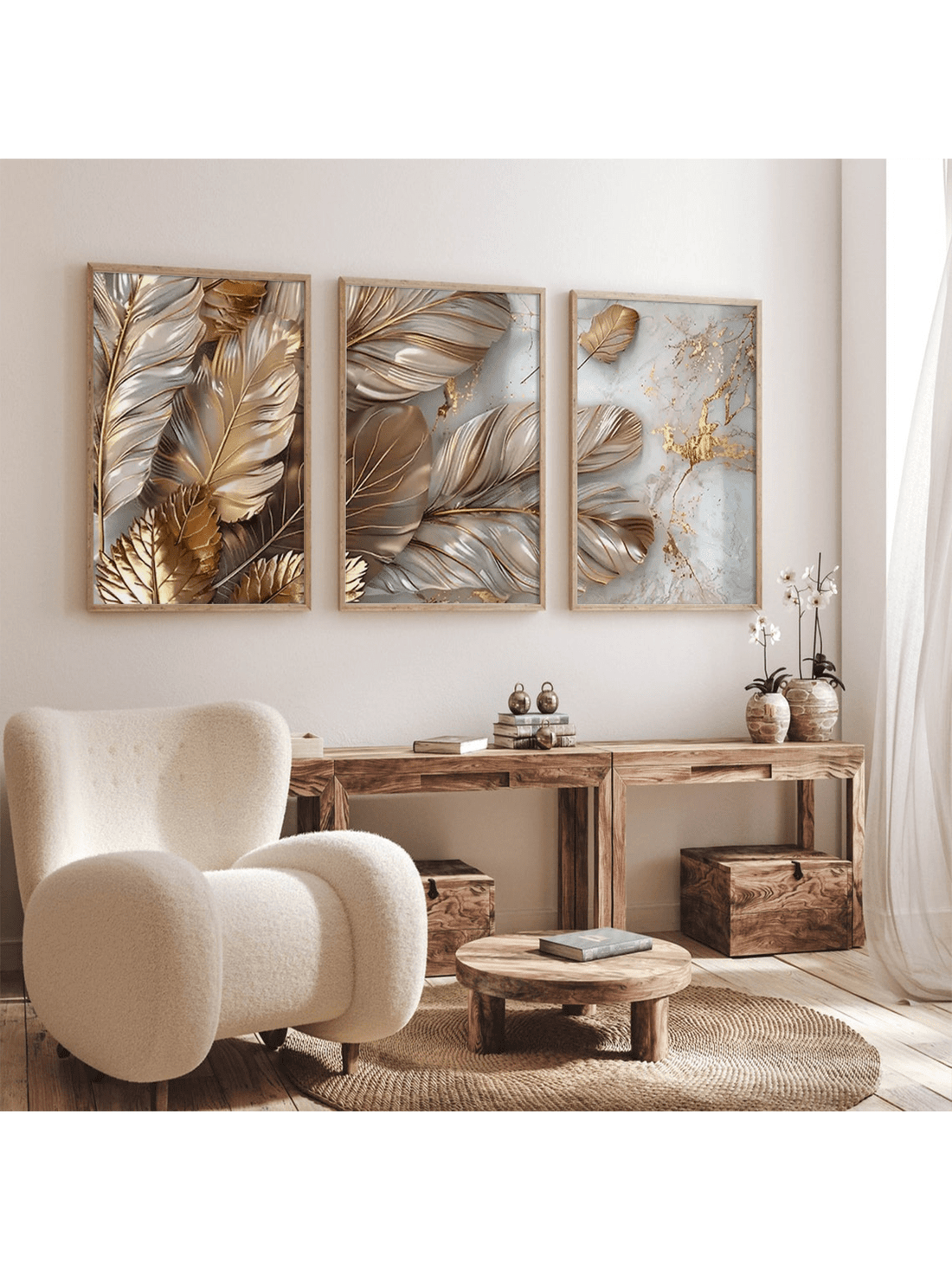 Bring a touch of golden whimsy to your walls with this 3-piece set of abstract plant leaves. Perfectly playful yet luxuriously stylish, these botanical art pieces effortlessly brighten any home, office, or dorm room. Invite a splash of shine and nature-inspired charm to your space while keeping things modern and fun.