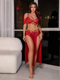 Burgundy three-piece fantasy lingerie set with sheer skirt and gold hip chain detail