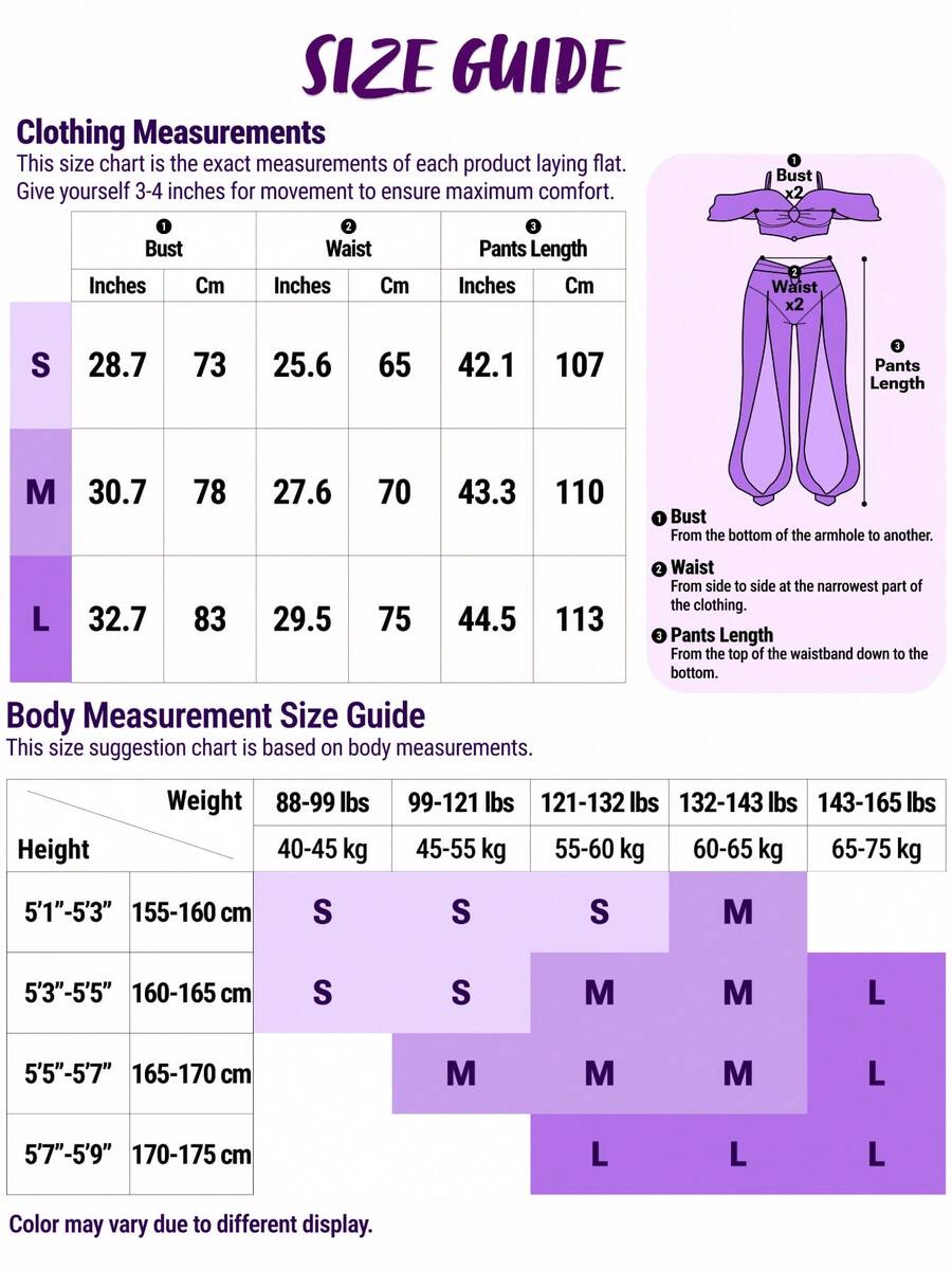 Size chart for women’s Arabian princess costume set in S through L
