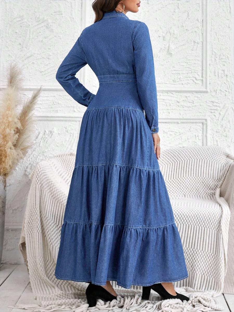 Back view of long sleeve denim shirt dress with fitted waist and tiered ruffle hem