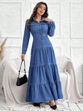 Front view of denim utility pocket dress with button front and gathered maxi skirt