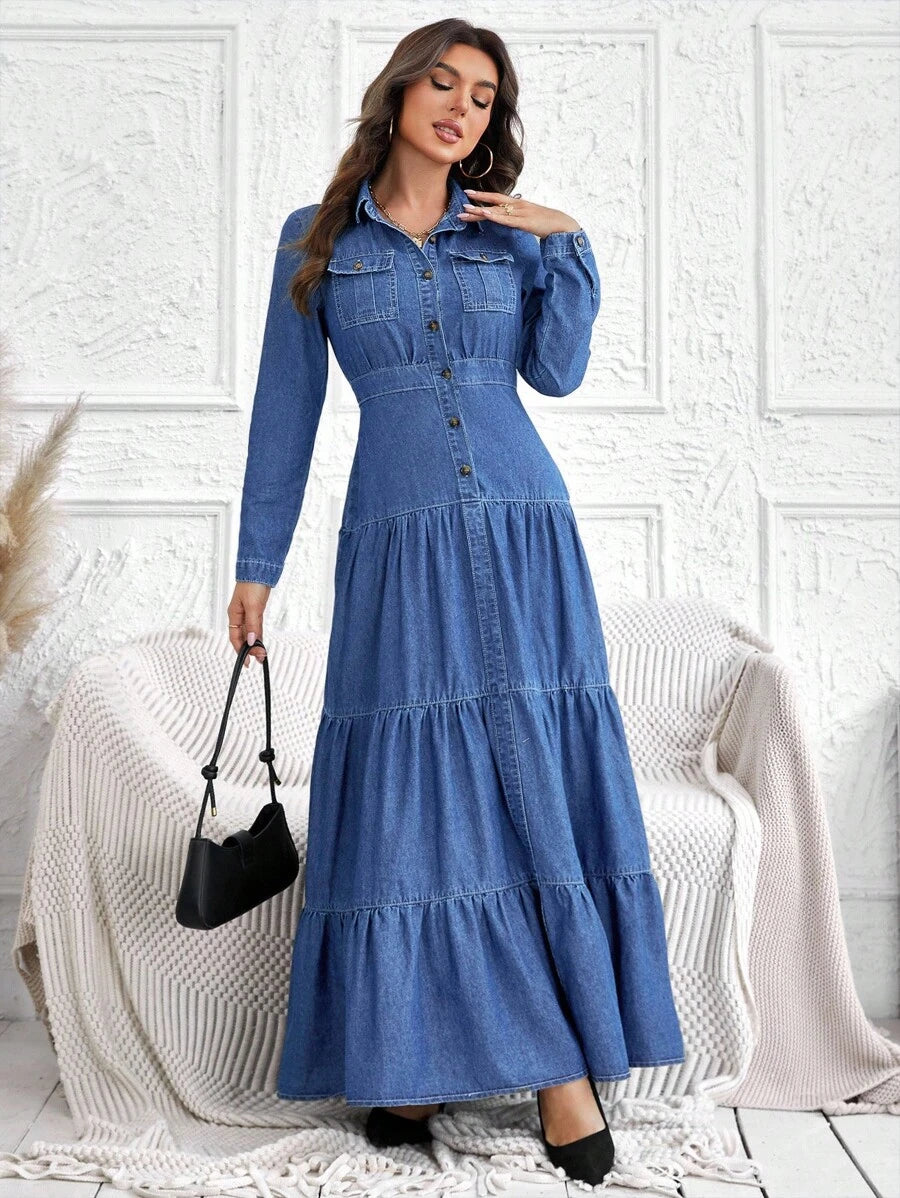 Front view of denim utility pocket dress with button front and gathered maxi skirt