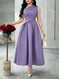 Front view of lavender purple asymmetric ruched A-line midi dress in marble interior