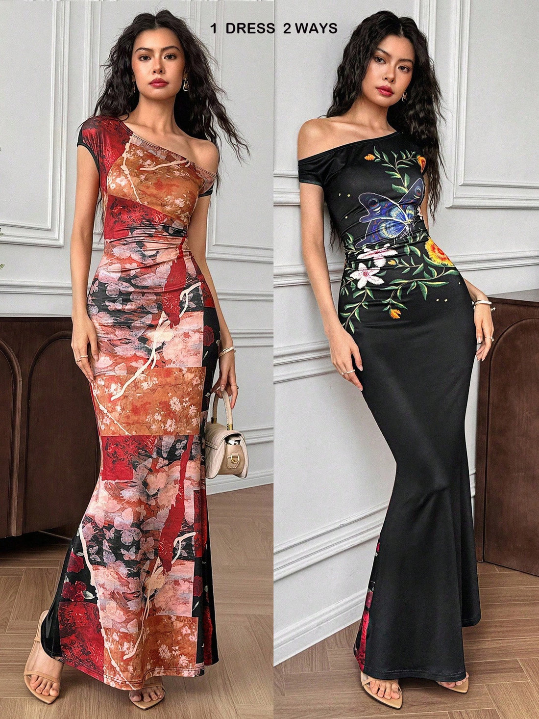 Turn heads with this Elegant Butterfly Print Fitted Dress, featuring a flirty asymmetric neckline and a graceful fishtail hem. Its vibrant butterfly pattern adds a whimsical touch, while the tailored fit hugs your silhouette for a stunning look. Perfect for dancing through sunny days or sparkling evenings, this dress combines charm and sophistication with a playful twist.