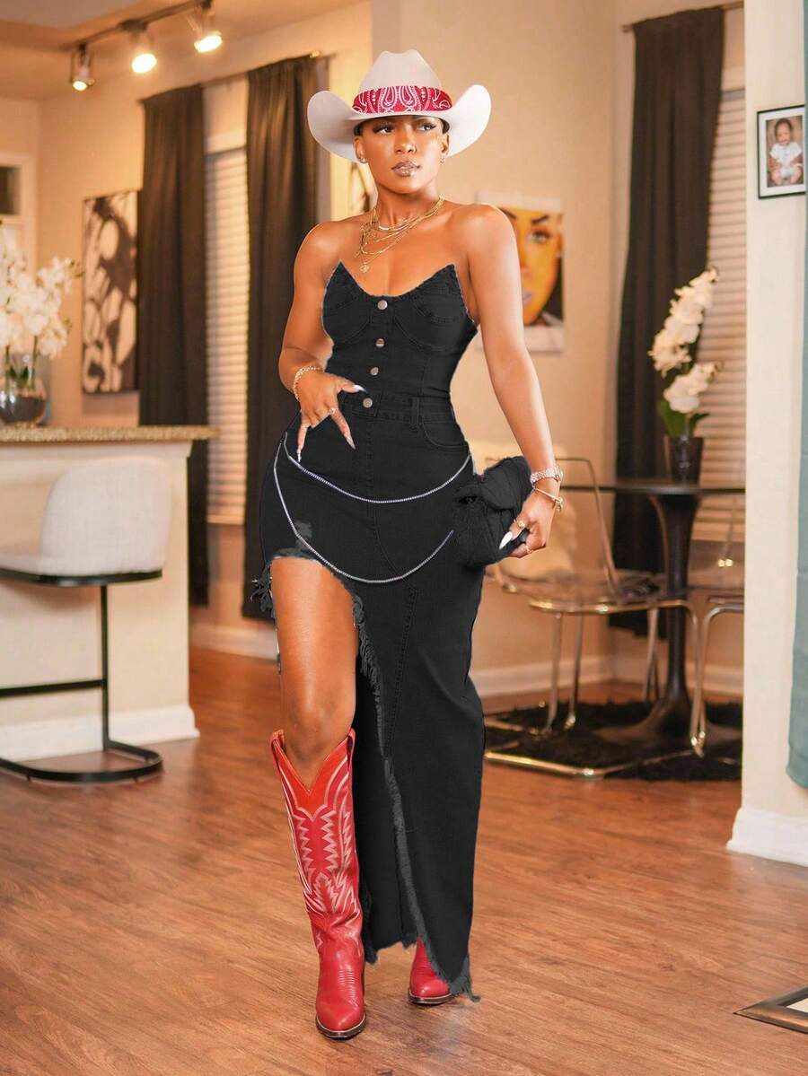 Elevate your warm-weather wardrobe with this versatile denim dress, engineered for a flattering silhouette. The elastic waist provides comfortable all-day wear while the strategic slit adds contemporary flair and movement. Crafted from quality denim, this piece transitions seamlessly from casual daytime looks to evening outings. The streamlined design works with minimal accessories, making it an essential foundation piece for effortless styling. Perfect for those seeking polished simplicity without sacrific